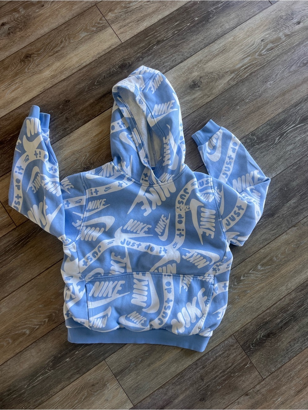 Nike Light Blue & White Hooded Sweatshirt with Logo- used but lots of life left.
